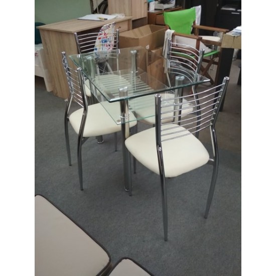 Γυάλινο τραπέζι με 4 καρέκλες inox